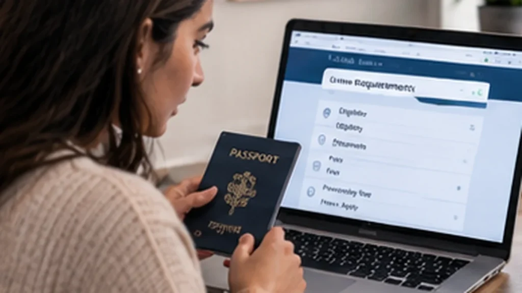 Traveler checking visa requirements on an official immigration website with passport in hand