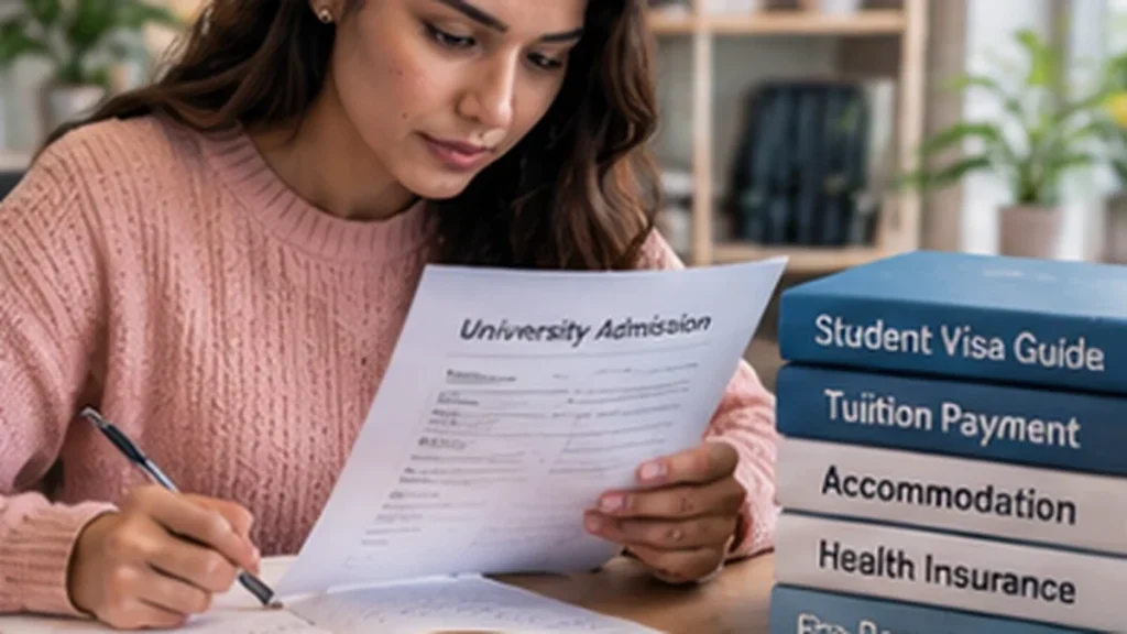 International student reviewing university admission and student visa documents before paying tuition