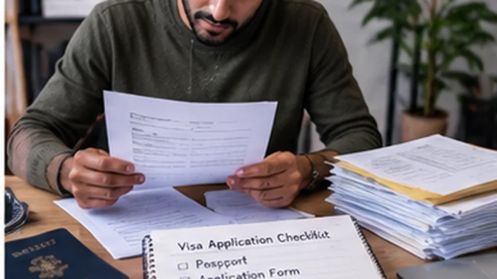 Applicant organizing visa application documents, passport copies and supporting papers