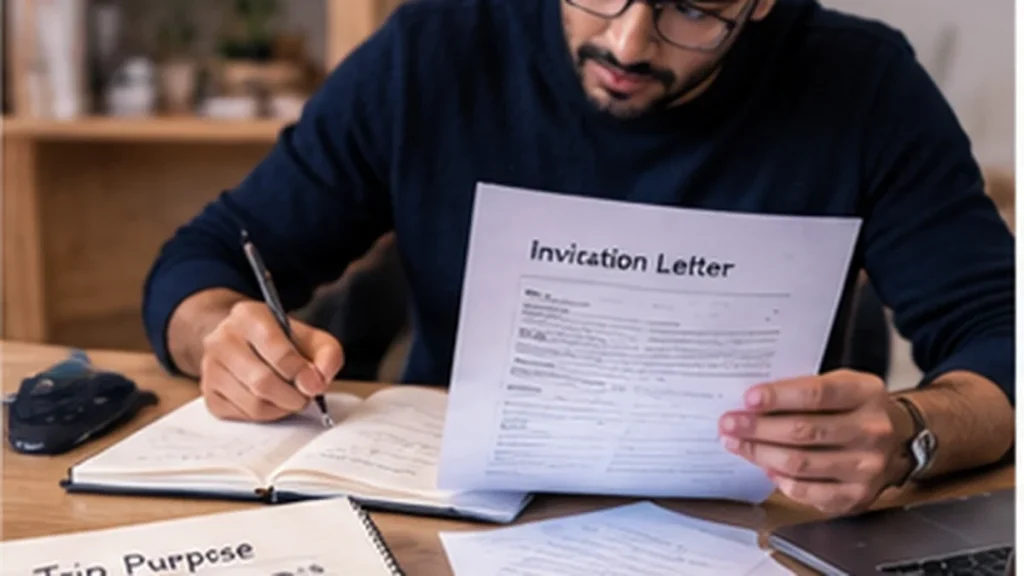 Applicant reviewing a visa invitation letter and travel-purpose documents