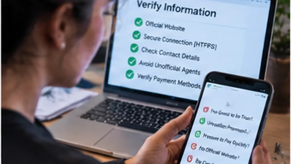 Applicant verifying official visa websites and suspicious payment requests on laptop and phone