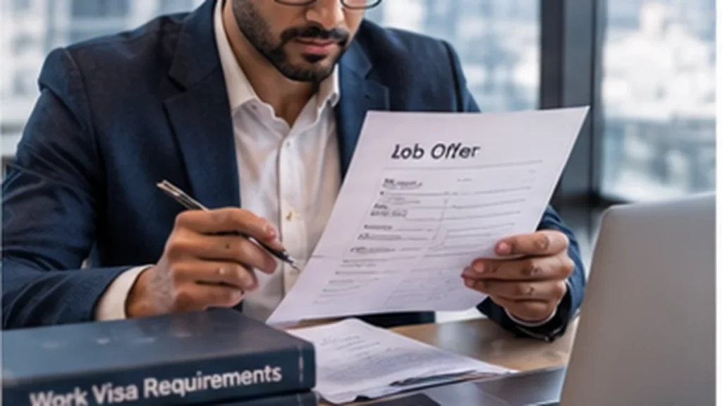 International job applicant reviewing a job offer and work visa requirements before accepting