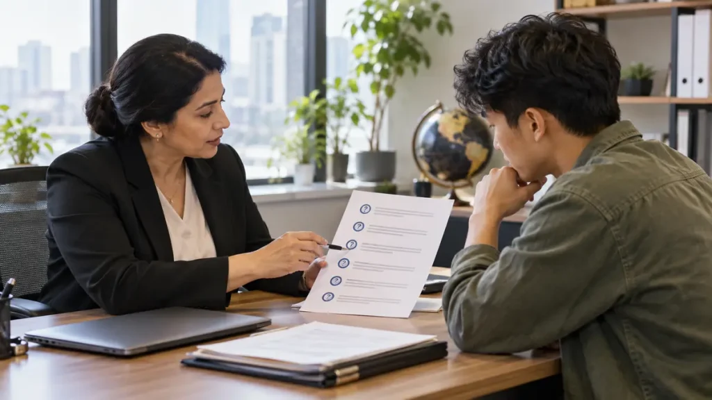 Applicant discussing an AI-assisted verification checklist with an adviser in a professional office
