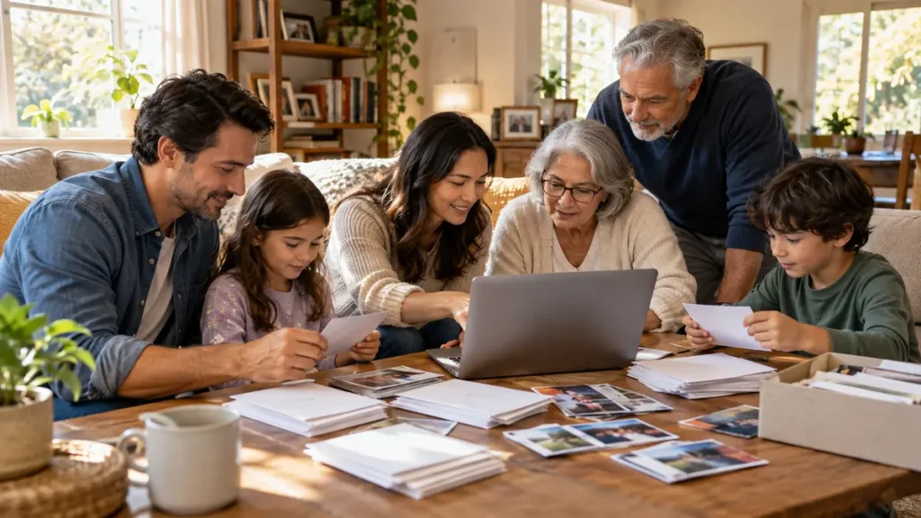 Family working together with document envelopes and an AI planning board at home