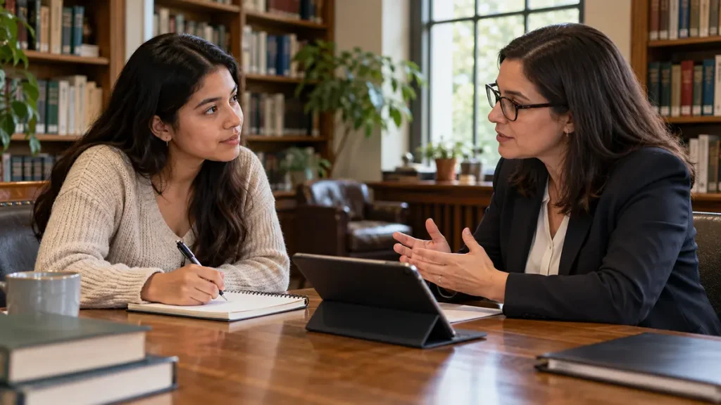 Applicant and immigration adviser discussing a handwritten question list in a quiet consultation room