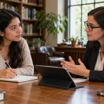 Applicant and immigration adviser discussing a handwritten question list in a quiet consultation room