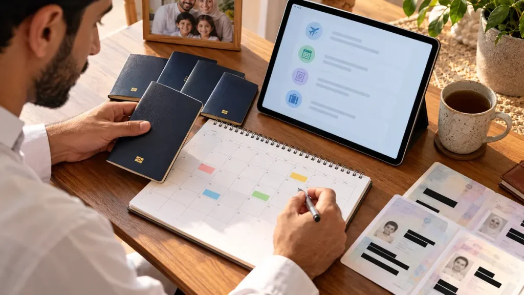 Parent checking passport expiry planning with a tablet and family calendar at home