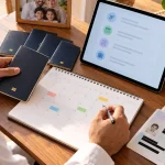 Parent checking passport expiry planning with a tablet and family calendar at home