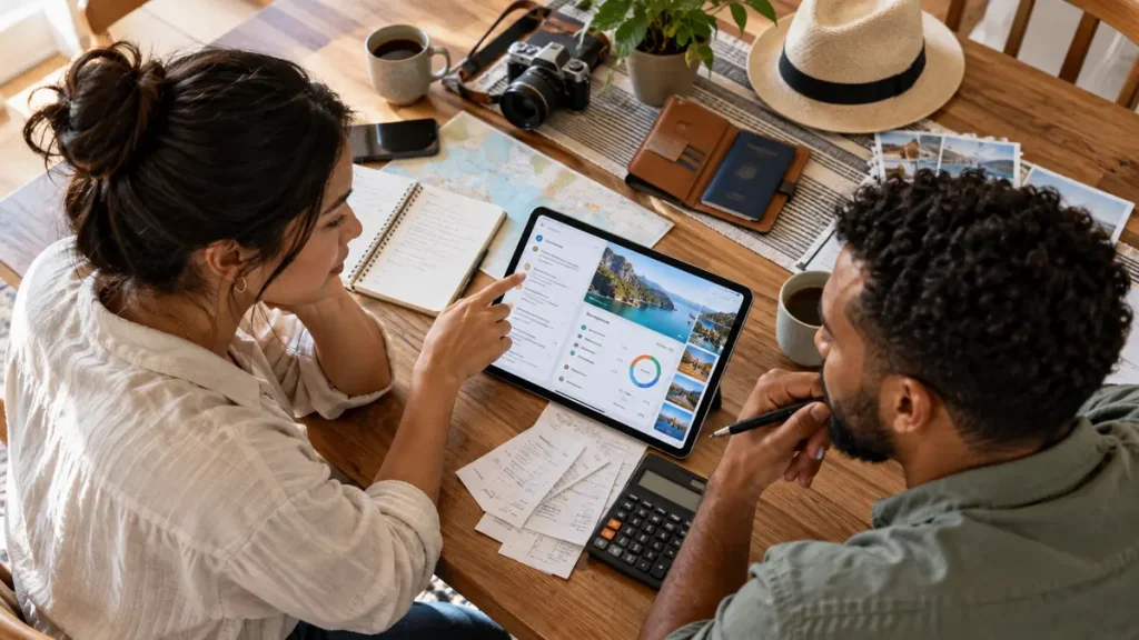 Professional reviewing redacted financial evidence with an AI research workflow at a coworking desk