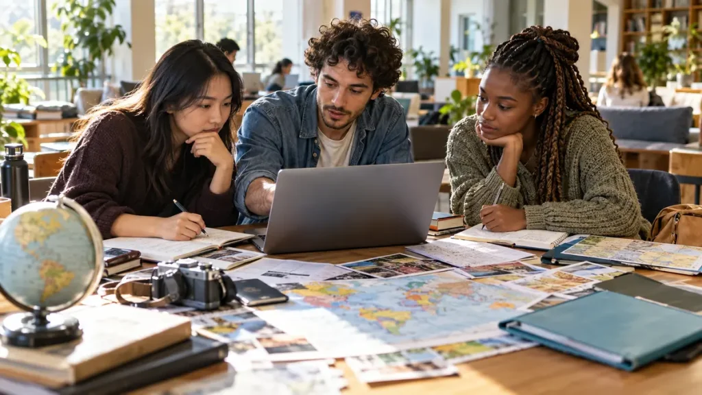 Student friends planning study visa research with an AI assistant in a bright university common room