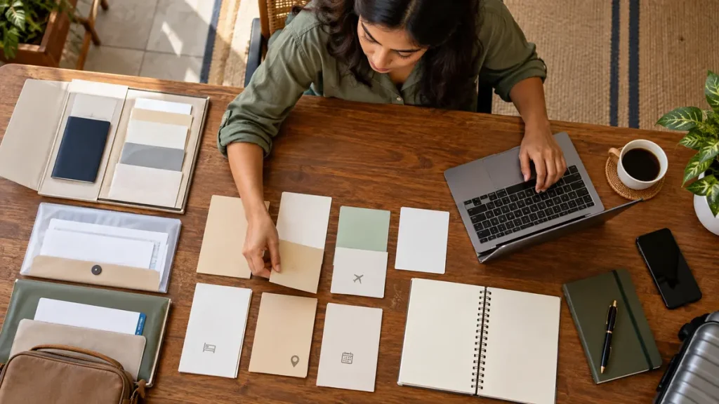 Woman arranging neutral itinerary cards and document folders beside a small laptop