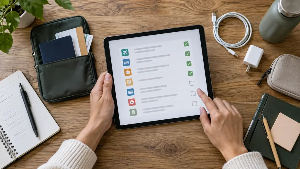 Couple using an AI planning tool with a tablet, receipts and a travel document folder