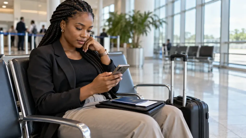 Woman reviewing a private appointment checklist on her phone in a calm waiting area