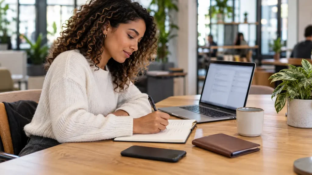 Woman updating a private application change log beside a laptop at a shared workspace
