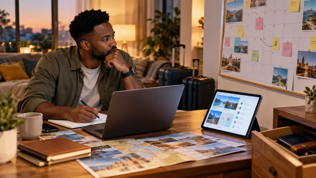 Man considering alternate travel plans beside a large calendar and luggage at home