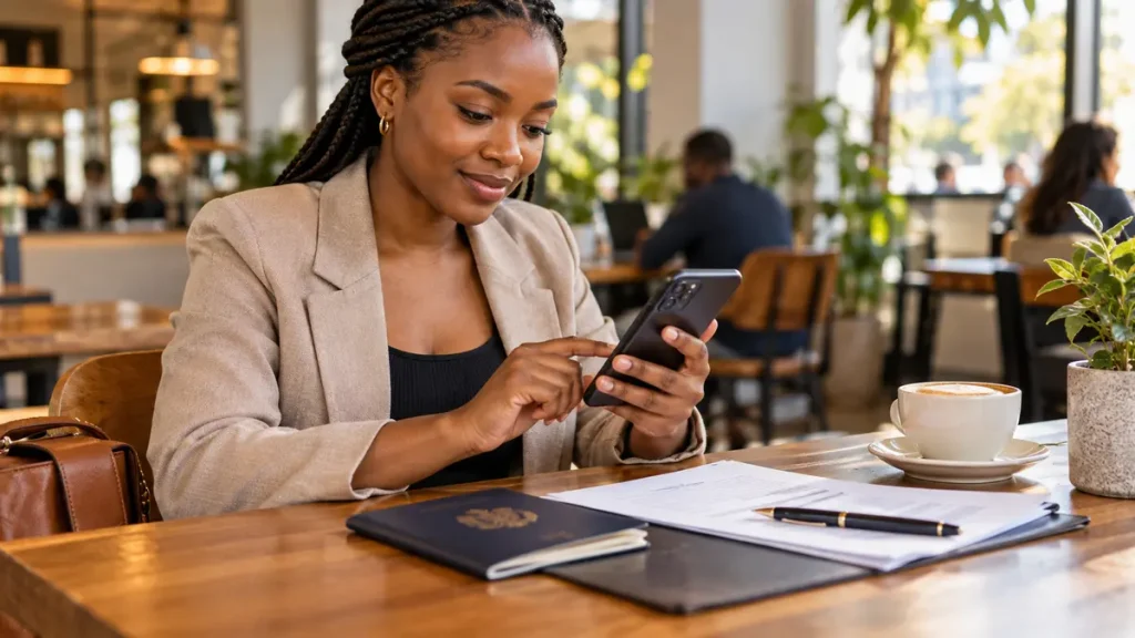 Applicant using a smartphone AI checklist beside a passport and organised visa documents