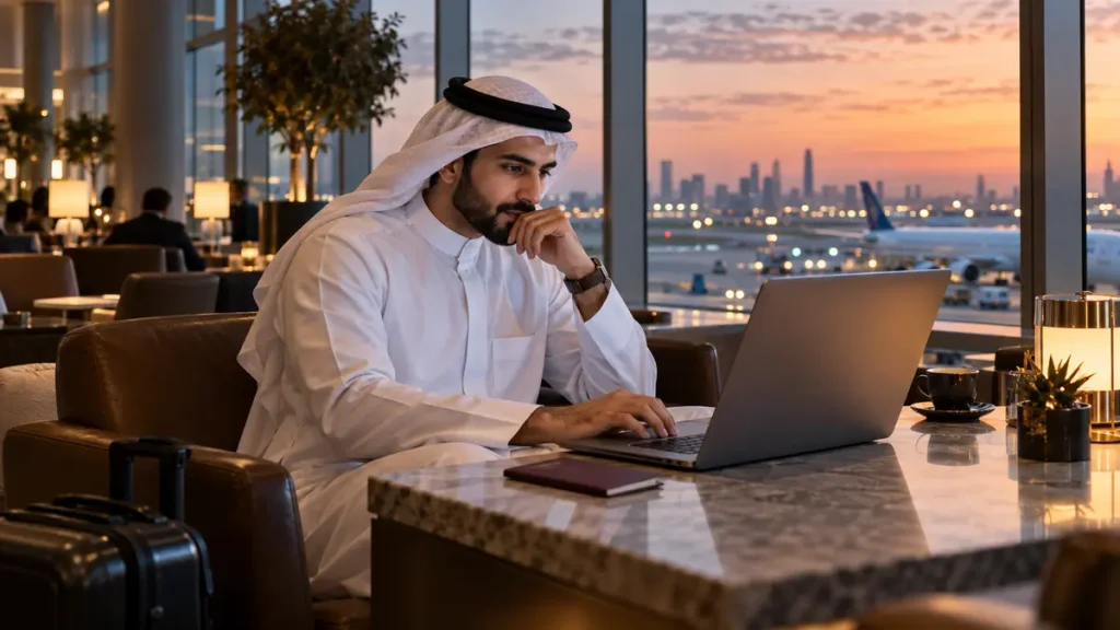 International friends reviewing an AI-assisted travel and visa update checklist around a laptop