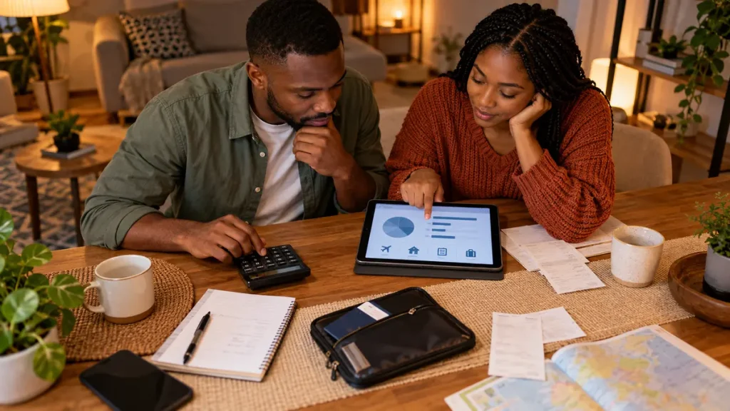 Couple using a calculator and tablet to plan visa costs at a dining table