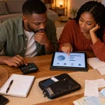 Couple using a calculator and tablet to plan visa costs at a dining table