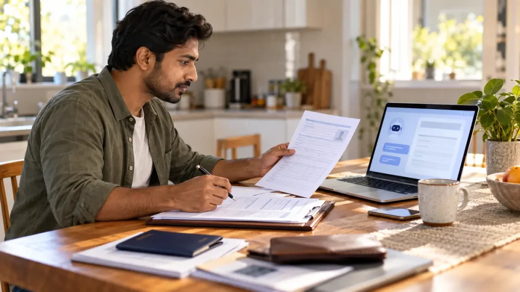Applicant comparing a visa form with an AI consistency review on a laptop