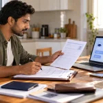 Applicant comparing a visa form with an AI consistency review on a laptop