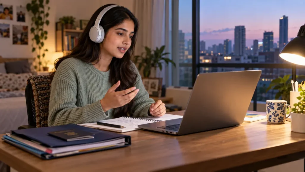 Woman practising visa interview answers with headphones, notebook and document folder at home