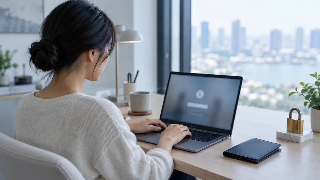 Woman using a laptop safely with a closed passport holder on a minimalist desk