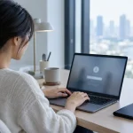 Woman using a laptop safely with a closed passport holder on a minimalist desk