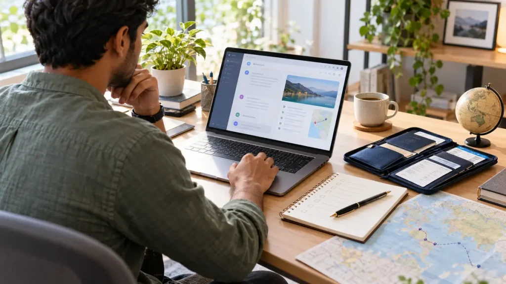 Traveller comparing an AI research summary with visa planning documents on a laptop